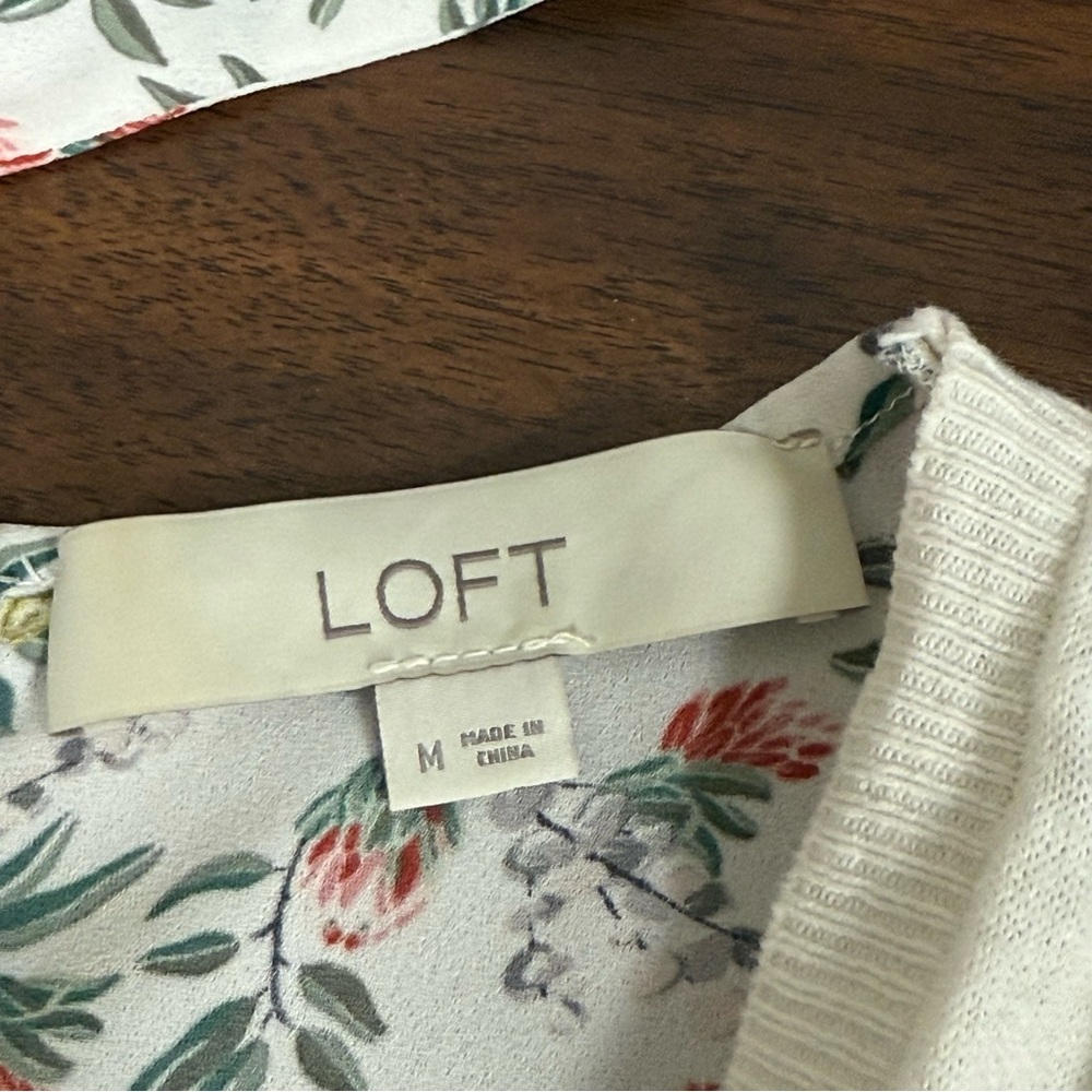 LOFT Ivory Knit Top Floral Chiffon Back Tie Mixed Media Blouse M - Picture 5 of 7